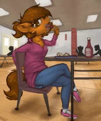 Size: 784x944 | Tagged: anthro, artist:marsminer, clothes, colored pupils, crossed legs, derpibooru import, drool, ear fluff, female, female focus, food, hoodie, jeans, looking at you, meat, oc, oc:venus spring, pants, ponies eating meat, sausage, shoes, solo focus, suggestive, suggestive eating, unofficial characters only