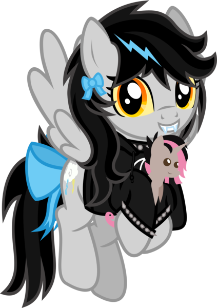 Size: 923x1310 | Tagged: safe, artist:lightningbolt, derpibooru import, oc, oc:flutterknight, oc:lightning dee, unofficial characters only, pegasus, pony, unicorn, 2018 community collab, derpibooru community collaboration, .svg available, bow, choker, clothes, colored sclera, cute, emo, fangs, female, flying, grin, holding, hoodie, hoof hold, long mane, looking at you, mare, messy mane, ocbetes, open mouth, plushie, pointy ponies, simple background, smiling, solo, spiked choker, spiked wristband, spread wings, svg, tail bow, transparent background, vector, wings, wristband, yellow sclera