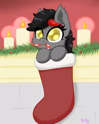 Size: 800x1000 | Tagged: safe, artist:luciusheart, derpibooru import, oc, oc:silhouette umbrawing, unofficial characters only, bat pony, candle, candy, candy cane, christmas, christmas stocking, cute, food, holiday, weapons-grade cute