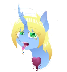 Size: 1401x1505 | Tagged: semi-grimdark, artist:mynder, derpibooru import, oc, oc:art's desire, unofficial characters only, candy gore, decapitated, lineless, pills, severed head, simple background, solo, tongue out, transparent background, x eyes