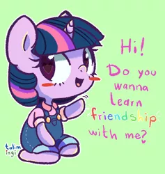 Size: 710x749 | Tagged: anthro, artist:talimingi, blushing, blush sticker, cute, derpibooru import, female, filly, filly twilight sparkle, friendship, green background, heart eyes, looking at you, overalls, safe, signature, simple background, sitting, solo, talking to viewer, twiabetes, twilight sparkle, waving, weapons-grade cute, wingding eyes, younger