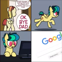 Size: 687x685 | Tagged: safe, derpibooru import, edit, oc, oc:apogee, oc:jet stream, unofficial characters only, pegasus, pony, apogee discovers google, apojet, comic, computer, cute, eurobeat the meat, exploitable meme, female, filly, freckles, google, incognito mode, meme, meme template, motion blur, running in the 90s, speech, speech bubble