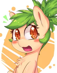 Size: 825x1050 | Tagged: alternate hairstyle, artist:tikrs007, blushing, bust, chest fluff, derpibooru import, green mane, looking at you, oc, oc:green cracker, open mouth, safe, solo, unofficial characters only, yellow coat, yellow eyes