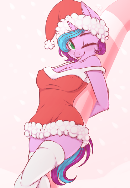 Size: 1800x2600 | Tagged: suggestive, artist:theanthropony, derpibooru import, oc, oc:artsy fantasy, unofficial characters only, anthro, unicorn, adorasexy, anthro oc, breasts, candy, candy cane, christmas, clothes, commission, costume, cute, erect nipples, female, food, hat, holiday, looking at you, mare, nipple outline, nipples, one eye closed, santa costume, santa hat, sexy, sexy santa costume, smiling, solo, solo female, stockings, thigh highs, tongue out, wink, ych example, ych result