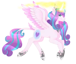 Size: 1814x1540 | Tagged: safe, artist:djspark3, derpibooru import, princess flurry heart, alicorn, pony, curved horn, glowing horn, hoof shoes, jewelry, leonine tail, older, regalia, signature, simple background, smiling, solo, spread wings, transparent background, wings