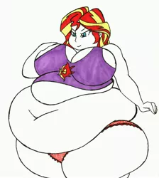 Size: 3729x4169 | Tagged: suggestive, artist:miss-britt, derpibooru import, sunset shimmer, equestria girls, absurd resolution, bbw, belly, belly button, big belly, big breasts, breasts, busty sunset shimmer, cleavage, clothes, fat, female, huge belly, huge breasts, morbidly obese, obese, panties, simple background, slobset shimmer, solo, ssbbw, underwear, white background, wide hips