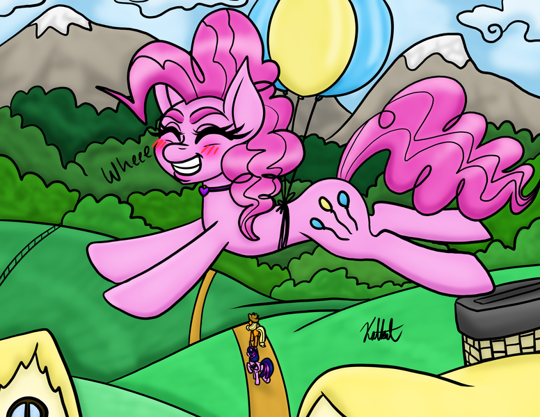 Size: 2090x1617 | Tagged: safe, artist:katkathasahathat, derpibooru import, applejack, pinkie pie, twilight sparkle, twilight sparkle (alicorn), alicorn, earth pony, pony, balloon, cute, female, floating, flying, house, mare, pink, ponyville, solo focus, then watch her balloons lift her up to the sky, tree