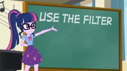 Size: 1024x575 | Tagged: safe, derpibooru import, edit, edited screencap, screencap, sci-twi, twilight sparkle, derpibooru, equestria girls, equestria girls series, overpowered (equestria girls), chalkboard, exploitable meme, female, filters, geode of telekinesis, magical geodes, meme, meta, ponytail, public service announcement, sci-twi's chalkboard, tags, twilight sparkle's chalkboard