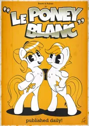 Size: 3508x4961 | Tagged: safe, artist:tony-retro, derpibooru import, oc, oc:brave, oc:ruban, unofficial characters only, earth pony, pony, comic, female, high res, le poney blanc, male, mare, old timey, stallion