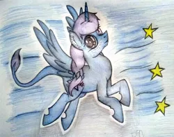 Size: 1548x1224 | Tagged: safe, artist:angelofthewisp, derpibooru import, oc, oc:star hunter, unofficial characters only, alicorn, pony, female, flying, mare, solo, traditional art