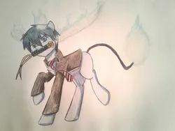 Size: 1012x760 | Tagged: safe, artist:ponime11, derpibooru import, ponified, pony, blue exorcist, clothes, mouth hold, rin okumura, solo, traditional art