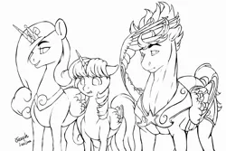 Size: 1500x1000 | Tagged: safe, artist:rossignolet, derpibooru import, flash sentry, princess cadance, twilight sparkle, twilight sparkle (alicorn), alicorn, armor, crown, female, flash hunktry, flashlight, male, mare, monochrome, regalia, royal guard, shipping, simple background, sketch, smiling, stallion, straight, white background, wip