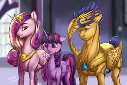 Size: 1500x1000 | Tagged: safe, artist:rossignolet, derpibooru import, flash sentry, princess cadance, twilight sparkle, twilight sparkle (alicorn), alicorn, pegasus, pony, armor, caddy ships it, female, flash hunktry, flashlight, male, mare, princess of shipping, royal guard, shipper on deck, shipping, smiling, stallion, straight