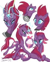 Size: 500x620 | Tagged: safe, artist:creeate97, derpibooru import, fizzlepop berrytwist, tempest shadow, pony, unicorn, my little pony: the movie, alternate hairstyle, broken horn, colored hooves, cutie mark, eye scar, facial expressions, female, floppy ears, glowing horn, good end, lidded eyes, mare, open mouth, scar, simple background, smiling, solo, sparking horn, white background