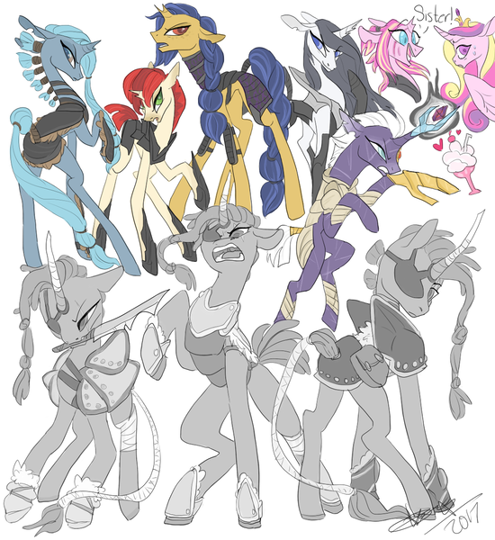 Size: 1100x1200 | Tagged: safe, artist:creeate97, derpibooru import, princess cadance, tempest shadow, alicorn, pony, unicorn, my little pony: the movie, alternate design, amputee, armor, broken horn, dialogue, eye scar, eyepatch, female, mare, mouth hold, prosthetic horn, prosthetic limb, prosthetics, scar, simple background, sword, tail wrap, weapon, white background