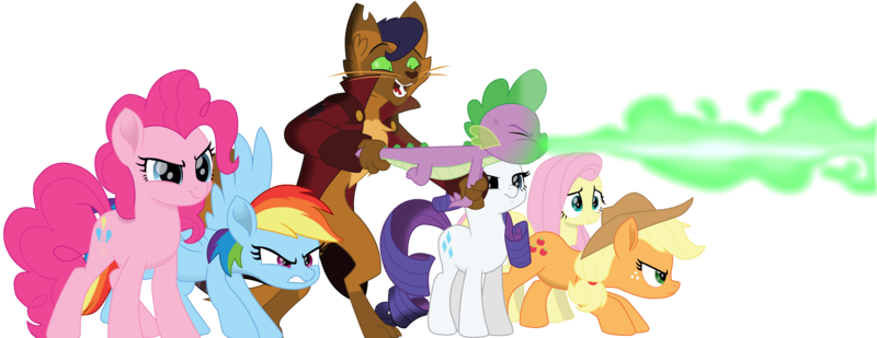 Size: 7296x2819 | Tagged: safe, artist:ejlightning007arts, derpibooru import, applejack, capper dapperpaws, fluttershy, pinkie pie, rainbow dash, rarity, spike, anthro, digitigrade anthro, dragon, pony, my little pony: the movie, behaving like a weapon, clothes, coat, fire, fire breath, flamethrower, flamethrower spike, simple background, transparent background, vector