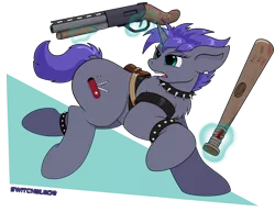 Size: 1280x990 | Tagged: safe, artist:digoraccoon, derpibooru import, oc, oc:switchblade, unofficial characters only, baseball bat, gun, magic, shotgun, solo, telekinesis, weapon