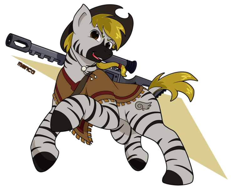 Size: 1280x990 | Tagged: safe, artist:digoraccoon, derpibooru import, oc, oc:manco correo, unofficial characters only, zebra, cutie mark, gun, hat, hooves, image, male, optical sight, png, rearing, rifle, sniper rifle, solo, stallion, weapon, zebra oc