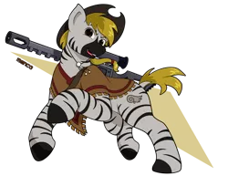 Size: 1280x990 | Tagged: safe, artist:digoraccoon, derpibooru import, oc, oc:manco correo, unofficial characters only, zebra, cutie mark, gun, hat, hooves, image, male, optical sight, png, rearing, rifle, sniper rifle, solo, stallion, weapon, zebra oc