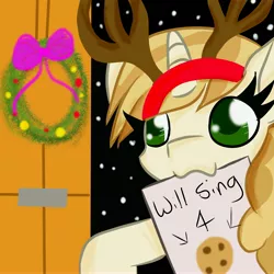 Size: 6000x6000 | Tagged: safe, artist:rainbowtashie, derpibooru import, sweet biscuit, deer, pony, unicorn, absurd resolution, adorabiscuit, antlers, christmas, christmas carol, cookie, cute, dress up, female, festive, food, holiday, mare, mouth hold, reindeer antlers, snow, solo, winter, wreath