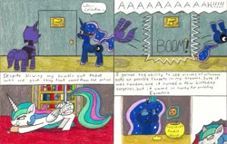 Size: 3291x2088 | Tagged: alicorn, artist:eternaljonathan, bathroom, bookshelf, cast, comic, comic:a new twist, cookie, cookie jar, derpibooru import, door, food, levitation, literal butthurt, magic, pillow, plot, princess celestia, princess luna, royal guard, royal sisters, safe, safety goggles, telekinesis, traditional art