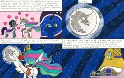 Size: 3279x2092 | Tagged: alicorn, artist:eternaljonathan, banishment, canterlot, canterlot castle, comic, comic:a new twist, derpibooru import, elements of harmony, king sombra, mare in the moon, moon, night, princess celestia, princess luna, safe, stars, traditional art