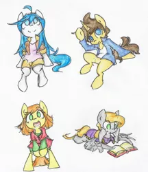 Size: 2138x2480 | Tagged: safe, artist:spheedc, derpibooru import, oc, oc:dream chaser, oc:light chaser, oc:scarlet sky, oc:sweet corn, unofficial characters only, pony, bipedal, book, clothes, female, looking at you, looking up, male, mare, open mouth, prone, reading, simple background, sitting, smiling, stallion, traditional art, white background