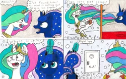 Size: 3284x2059 | Tagged: safe, artist:eternaljonathan, derpibooru import, princess celestia, princess luna, alicorn, pony, comic:a new twist, comic, door, dream, female, folded wings, jewelry, mare, plot, regalia, royal sisters, traditional art