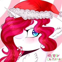 Size: 2000x2000 | Tagged: safe, artist:doux-ameri, derpibooru import, oc, oc:button love, unofficial characters only, pony, unicorn, bust, candy, candy cane, christmas, female, food, hat, high res, holiday, mare, mouth hold, portrait, santa hat, solo