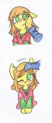 Size: 792x1852 | Tagged: safe, artist:spheedc, derpibooru import, oc, oc:sweet corn, unofficial characters only, pony, :3, blushing, cheeks, clothes, floppy ears, head pat, looking at you, offscreen character, one eye closed, pat, simple background, smiling, solo, traditional art, white background