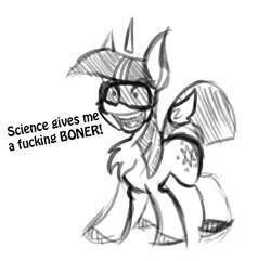 Size: 1000x963 | Tagged: suggestive, artist:lil miss jay, derpibooru import, twilight sparkle, pony, chest fluff, dialogue, female, floating horn, floating wings, goggles, grayscale, implied futa, mare, monochrome, open mouth, safety goggles, science, simple background, sketch, smiling, solo, solo female, that pony sure does love science, vulgar, what has science done, white background