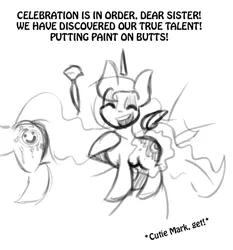 Size: 1000x1073 | Tagged: safe, artist:lil miss jay, derpibooru import, princess luna, pony, dialogue, eyes closed, fake cutie mark, female, floating horn, floating wings, levitation, magic, mare, monochrome, offscreen character, paintbrush, silly, silly pony, simple background, sketch, solo, telekinesis, white background