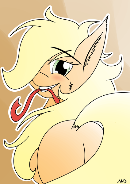 Size: 2432x3440 | Tagged: suggestive, artist:maneingreen, derpibooru import, applejack, blushing, fluffy, looking at you, looking back, loose hair, mane, missing accessory, missing cutie mark, plot, ribbon, smiling