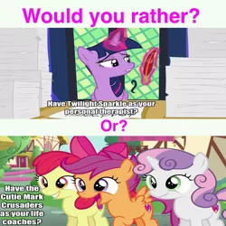 Size: 1024x1024 | Tagged: alicorn, apple bloom, cutie mark crusaders, derpibooru import, edit, image macro, meme, question, safe, scootaloo, sweetie belle, text, twilight sparkle, twilight sparkle (alicorn), would you rather