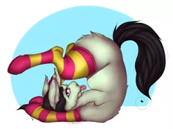 Size: 1312x977 | Tagged: safe, artist:funnymouth, derpibooru import, oc, unnamed oc, unofficial characters only, pony, clothes, female, fluffy, frontbend, looking at you, mare, socks, solo, striped socks, tongue out