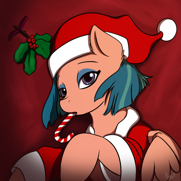 Size: 2700x2700 | Tagged: safe, artist:ruirik, derpibooru import, somnambula, pony, candy, candy cane, christmas, clothes, costume, cute, female, food, hat, holiday, holly, holly mistaken for mistletoe, makeup, mare, santa costume, santa hat, solo