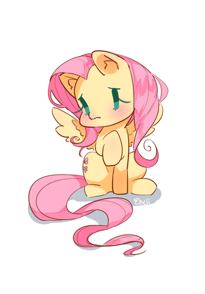 Size: 700x1000 | Tagged: safe, artist:cheli-1104, derpibooru import, fluttershy, pegasus, pony, blushing, chibi, cute, ear fluff, female, mare, prone, raised hoof, sad, shyabetes, simple background, sitting, solo, spread wings, white background, wings