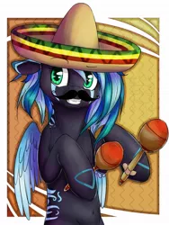 Size: 770x1024 | Tagged: safe, artist:graypillow, derpibooru import, oc, unofficial characters only, pegasus, pony, belly button, facial hair, hoof hold, looking at you, maracas, moustache, musical instrument, solo, sombrero