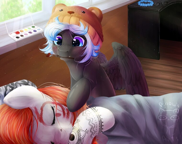 Size: 1280x1010 | Tagged: safe, artist:graypillow, derpibooru import, oc, unofficial characters only, pegasus, pony, blanket, blushing, cute, eyes closed, face paint, female, filly, fluffy, freckles, hat, mare, mouth hold, ocbetes, paintbrush, poking, side, sitting, sleeping, spread wings, tattoo, wings