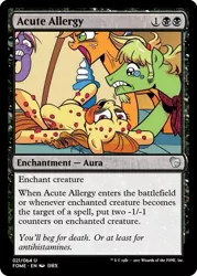 Size: 375x523 | Tagged: safe, artist:brendahickey, derpibooru import, idw, apple crisp, applejack, bright bridle, ginger gold (idw), friends forever, allergic reaction, allergies, magic the gathering, tongue out, trading card, trading card edit