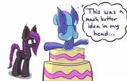 Size: 1100x700 | Tagged: artist:heir-of-rick, braid, braided ponytail, cake, colored sketch, derpibooru import, food, impossibly large ears, oc, oc:razley, oc:sapphire lollipop, pop out cake, safe, surprised, unofficial characters only