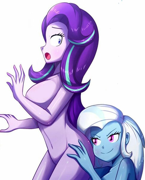 Size: 1078x1335 | Tagged: suggestive, artist:the-butch-x, derpibooru import, starlight glimmer, trixie, equestria girls, bedroom eyes, breasts, busty starlight glimmer, butt grab, butt rub, butt touch, cute, female, grope, hand on butt, imminent sex, lesbian, nudity, sexy, shipping, shocked, simple background, startrix, strategically covered, tell me your secrets, white background