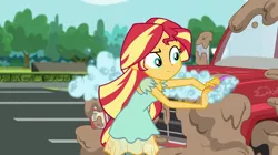 Size: 1280x717 | Tagged: safe, derpibooru import, screencap, sunset shimmer, dance magic, equestria girls, spoiler:eqg specials, car wash, clothes, dirty, mud, muddy, parking lot, scenery, scrubbing, soap, solo, truck