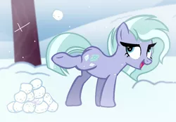 Size: 964x672 | Tagged: safe, artist:theapplebeauty, derpibooru import, oc, oc:ice diamond, unofficial characters only, earth pony, pony, female, mare, offspring, parent:double diamond, parent:limestone pie, parents:limediamond, snow, snowball, snowball fight, solo