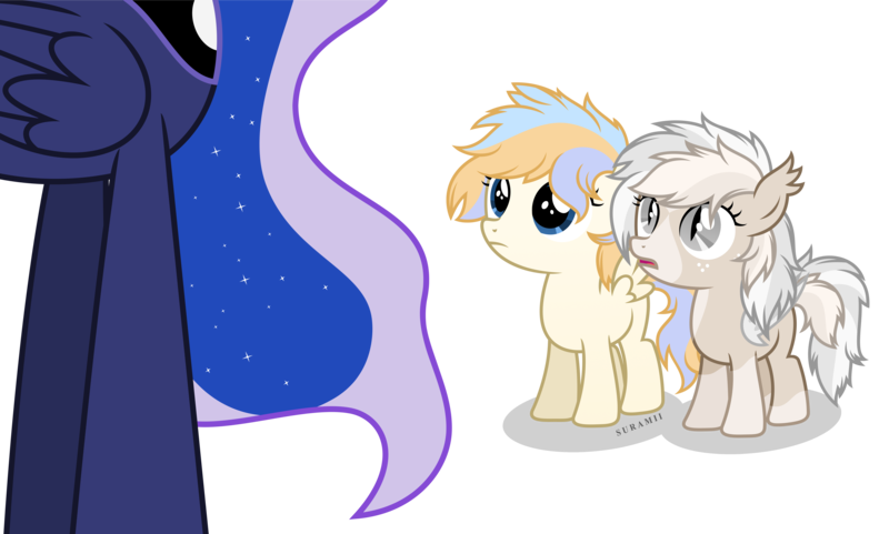 Size: 7000x4213 | Tagged: safe, artist:suramii, derpibooru import, princess luna, oc, oc:cuddy, oc:souvenir, alicorn, bat pony, pegasus, pony, absurd resolution, female, filly, freckles, mare, simple background, transparent background