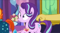 Size: 1136x640 | Tagged: balloon, celestial advice, derpibooru import, discord, equestrian pink heart of courage, flower, paws, safe, screencap, starlight glimmer, sunburst, tapping