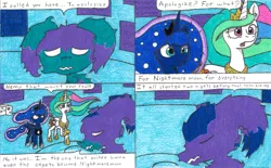 Size: 3291x2039 | Tagged: safe, artist:eternaljonathan, derpibooru import, princess celestia, princess luna, oc, oc:nemo, alicorn, pony, comic:a new twist, comic, dream, jewelry, regalia, royal sisters, traditional art