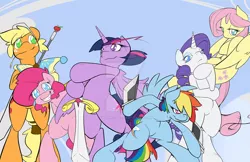 Size: 1024x663 | Tagged: safe, artist:graphic-lee, derpibooru import, applejack, fluttershy, pinkie pie, rainbow dash, rarity, twilight sparkle, twilight sparkle (alicorn), alicorn, earth pony, pegasus, pony, unicorn, action pose, bipedal, both cutie marks, compilation, dual wield, female, food, freckles, grin, hat, jester hat, knife, looking at you, mane six, mare, smiling, straw in mouth, sword, watermark, weapon, wheat