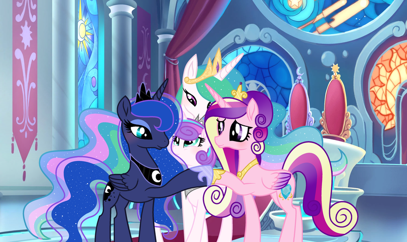 Size: 3920x2337 | Tagged: safe, artist:velveagicsentryyt, derpibooru import, princess cadance, princess celestia, princess flurry heart, princess luna, pony, my little pony: the movie, aunt and niece, auntie luna, auntlestia, female, high res, mother and daughter, movie accurate, older, royal sisters