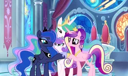 Size: 3920x2337 | Tagged: safe, artist:velveagicsentryyt, derpibooru import, princess cadance, princess celestia, princess flurry heart, princess luna, pony, my little pony: the movie, aunt and niece, auntie luna, auntlestia, female, high res, mother and daughter, movie accurate, older, royal sisters